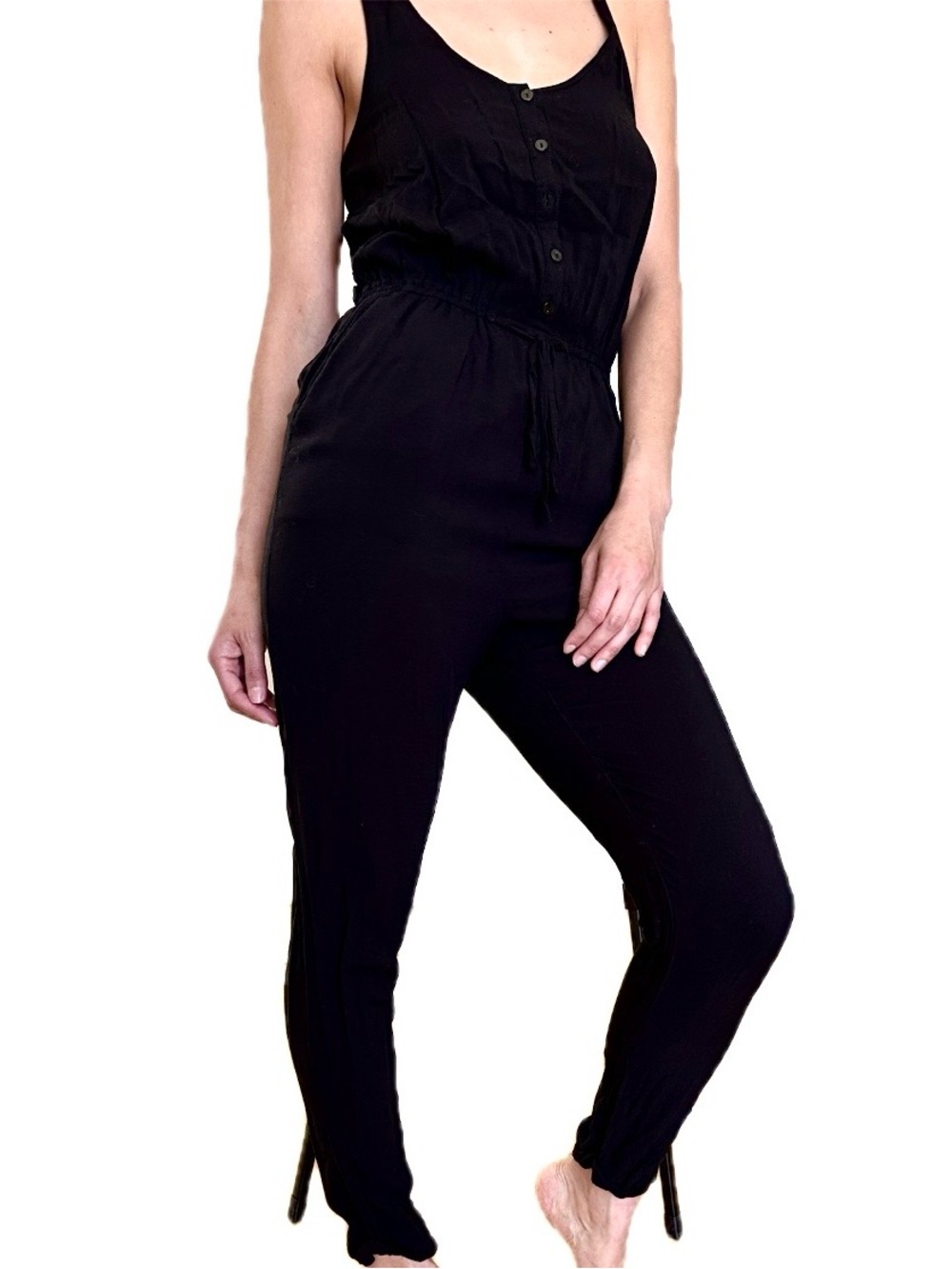Divided Black Sleeveless Button-Front Jumpsuit
